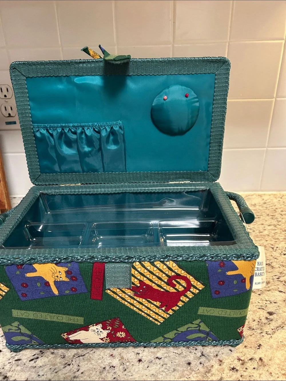 Green Cat Patchwork Sewing Basket with Teal Handley